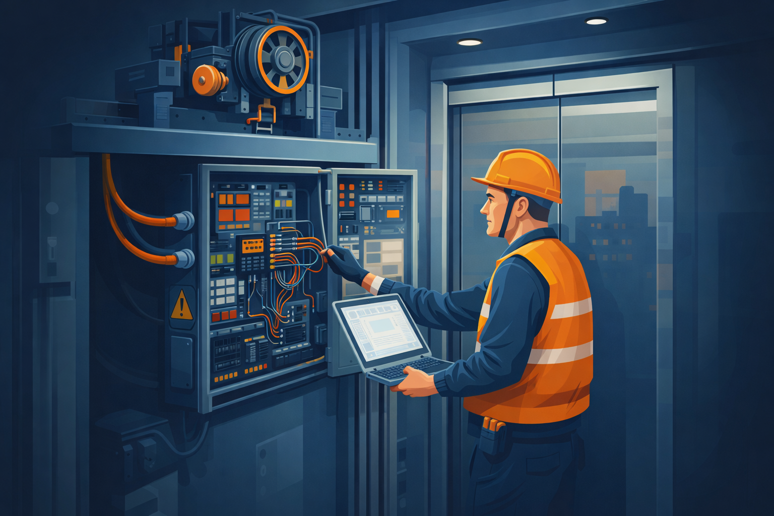 Elevator maintenance technician working on control panel
